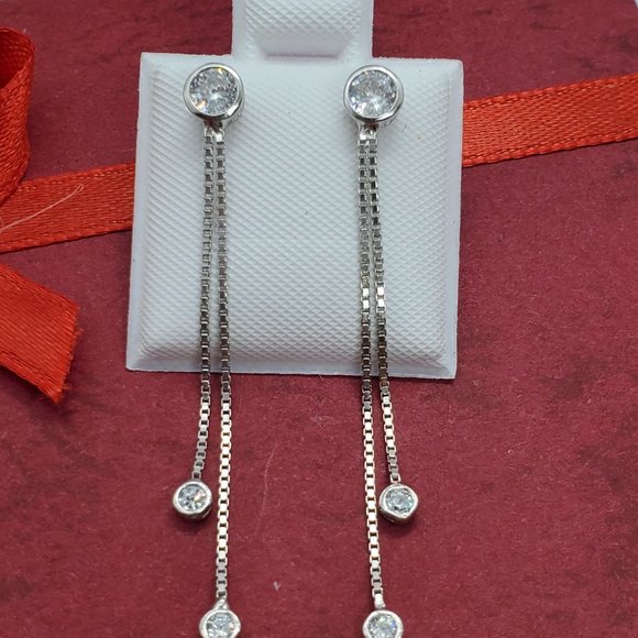 Silver 925 Dangling Box Chain with CZ Earrings - Picture 3 of 10